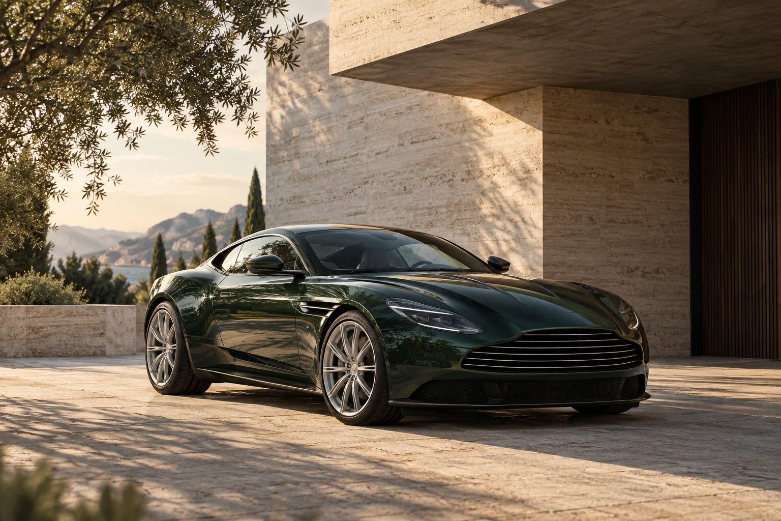 A dark green grand touring coupe in a sunlit architectural setting